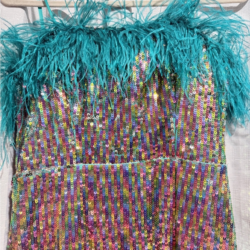 Multicolor Feathered Sequin Formal Strapless Dress - image 3